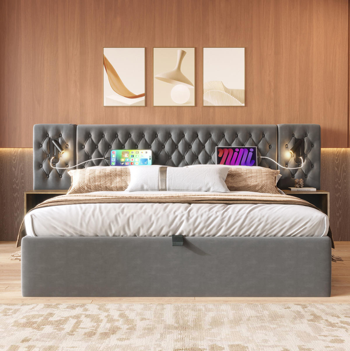 POLSTERBETT aus Samt 180x200 cm in Grau mit Stauraum, USB & Type-C - Grau, Textil (180/200cm) - Modfu