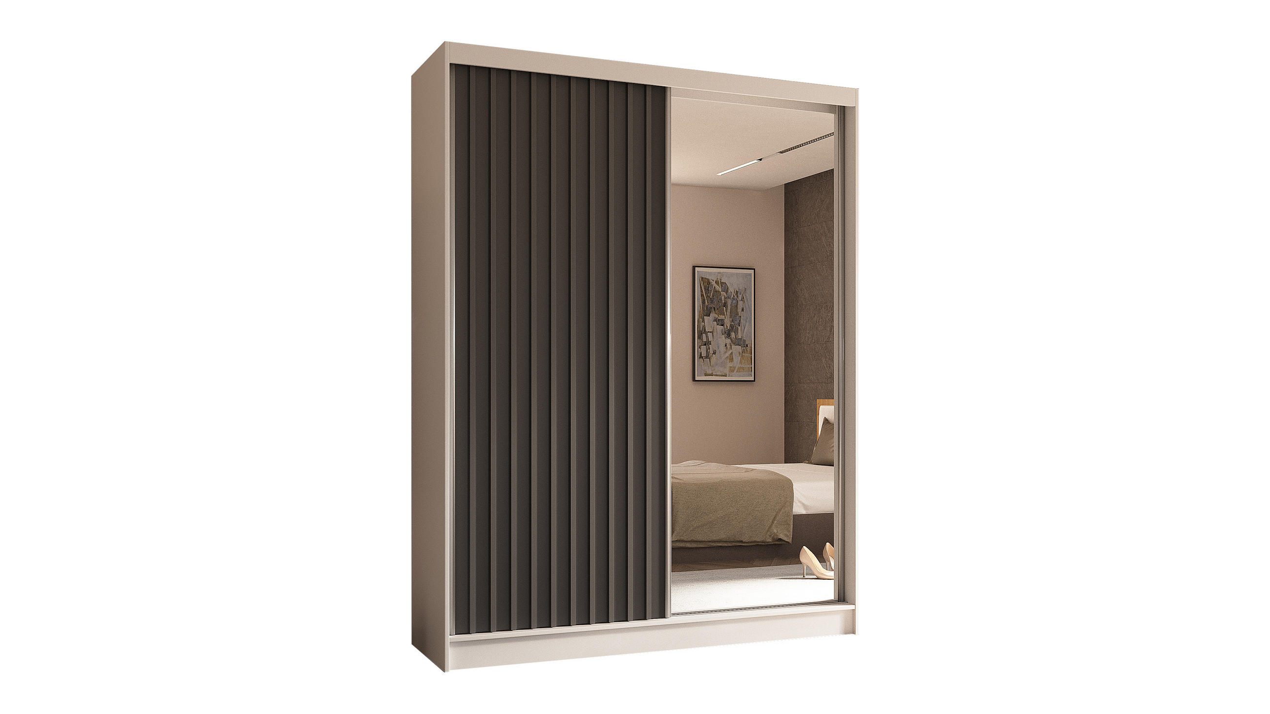 KLEIDERSCHRANK mit Spiegel-Schiebetüren und Aluminium-Leisten - LAMELO - 160 cm Weiß+Grau+Grau - Weiß/Grau, Holzwerkstoff (160/216/61cm) - ALTDECOR