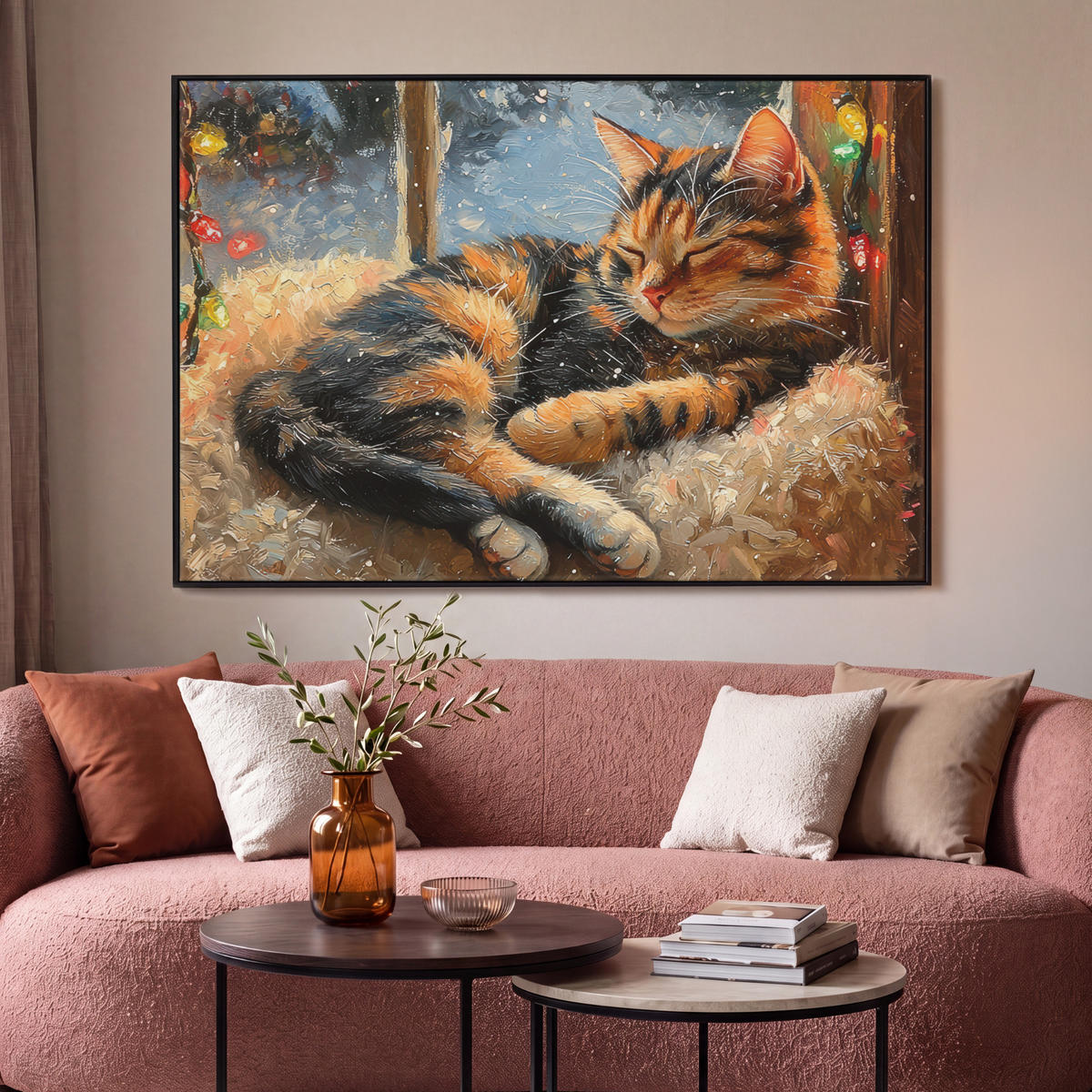 LEINWAND Bilder mit Rahmen - Katze - Weihnachten - Winter - Tier - 150x100 - Bernsteinfarben, Textil (150/100cm) - MuchoWow