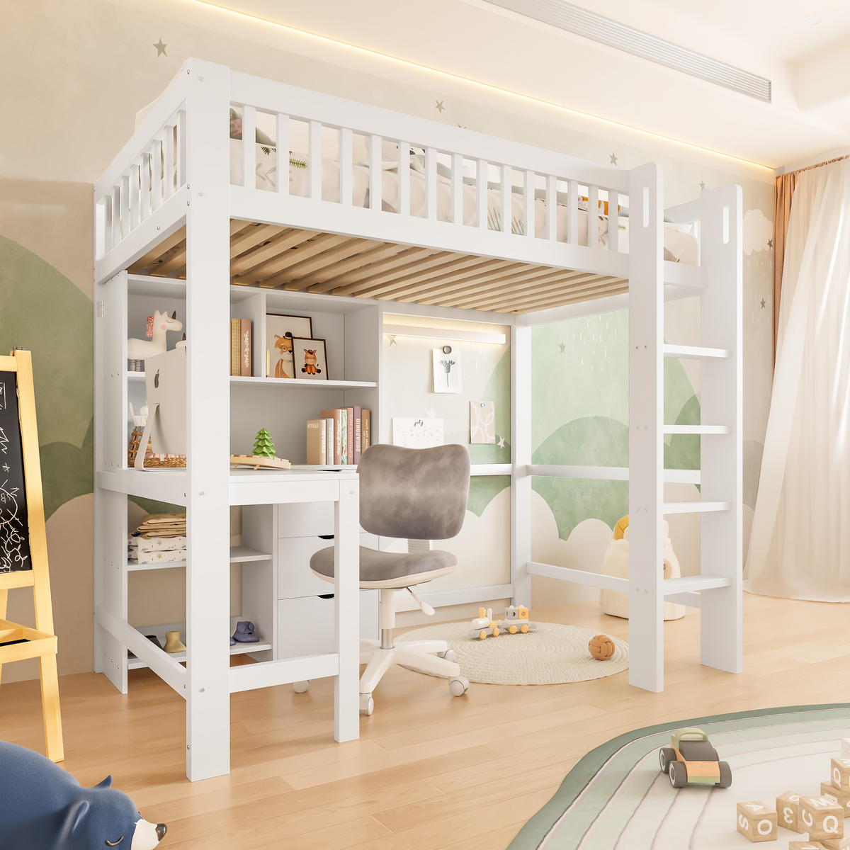 HOCHBETT 90/200 cm Weiß mit Schreibtisch und mehreren Ablagefächern ohne Matratze - Weiß, Holz (90/200cm) - OKWISH