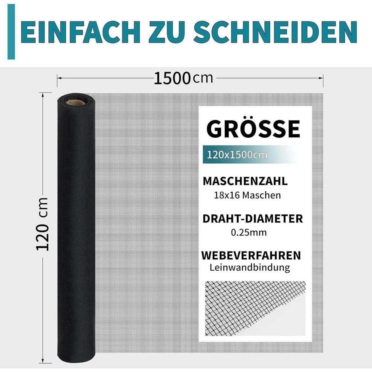 FLIEGENGITTER Fenster 120 x 1500 cm Edelstahl feinmaschig - Schwarz, Metall (100/200/6cm)