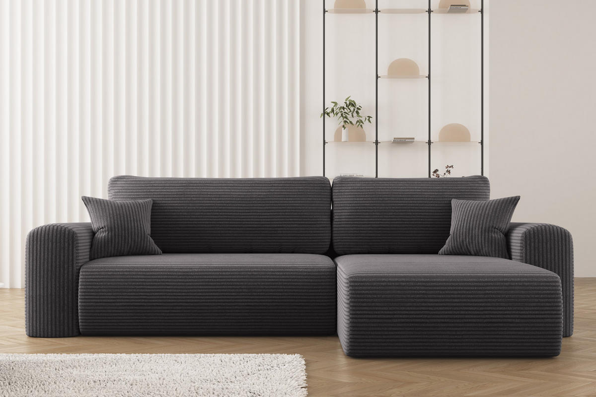 ECKSOFA Mit Schlaffunktion und Stauraum für Bettzeug Capri Stoff Poso Dunkelgrau Rechts - Dunkelgrau, Holz/Textil (272/145cm) - Kaiser Möbel