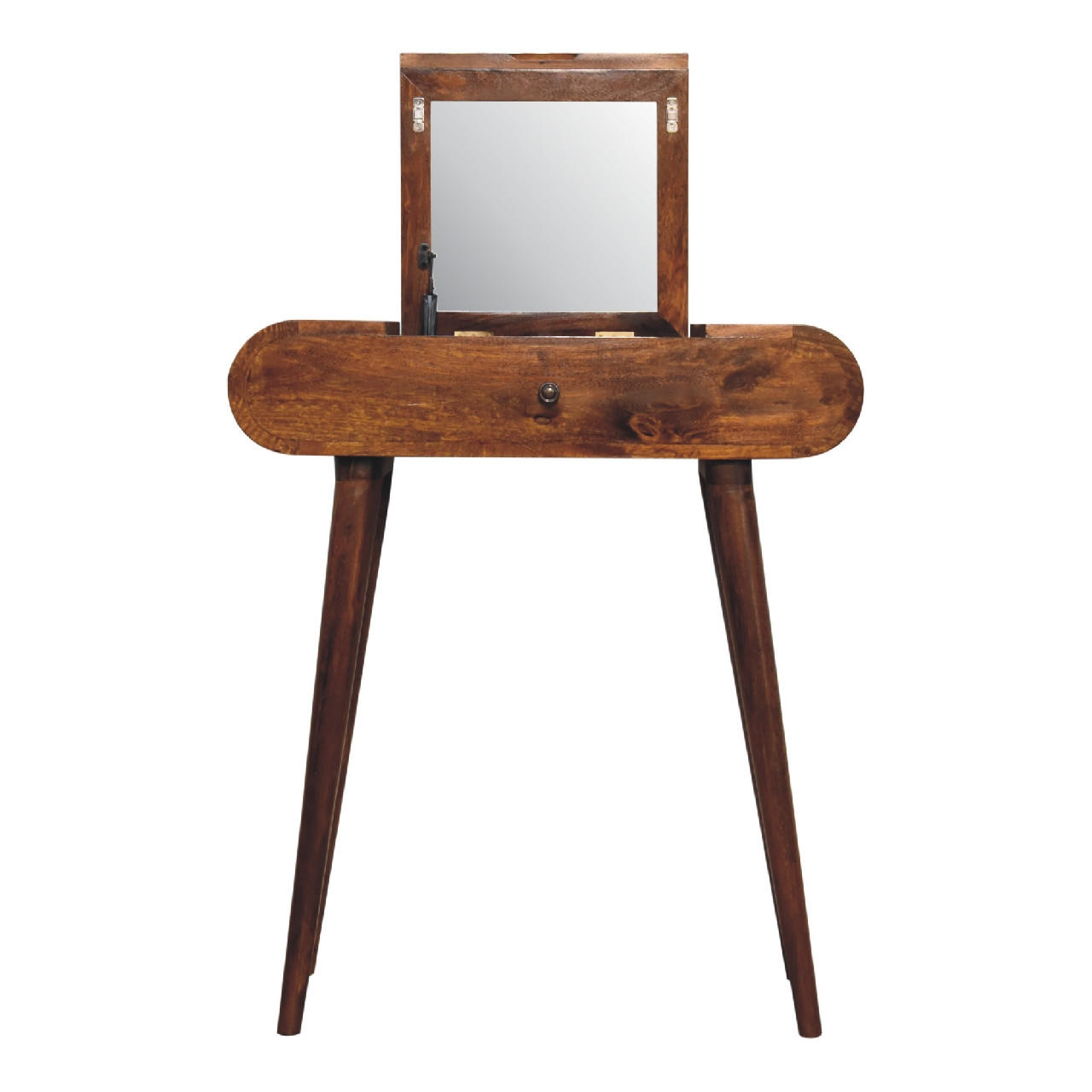 SCHMINKTISCH mini rund klappbar im Kastanienholz-Finish mit 1 Schublade. - Dunkelbraun/Messingfarben, Mangoholz/Holz (70/79/35cm) - Artisan Furniture
