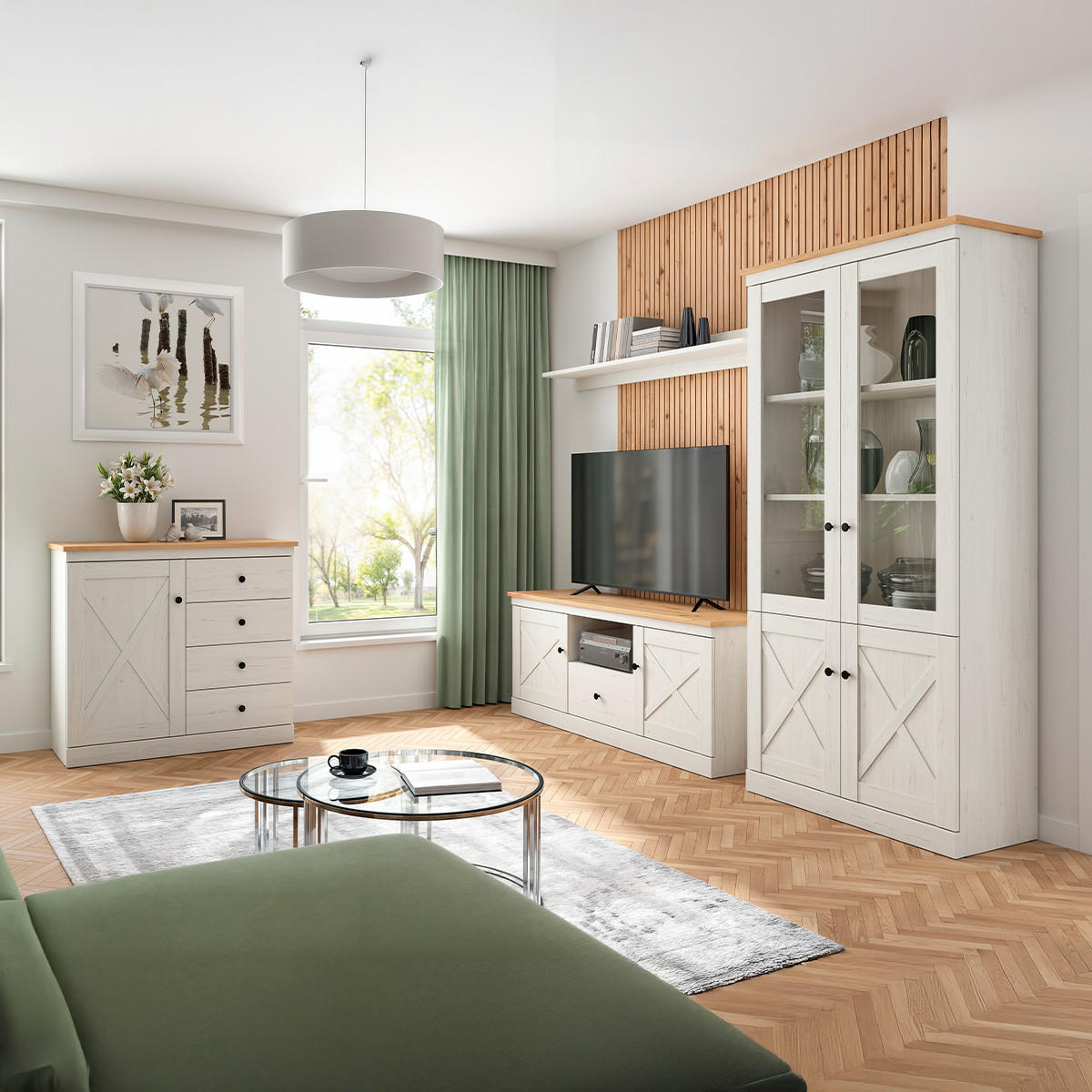 VITRÍNA Victoria Bílá a dřevo - bílá, kompozitní dřevo (93/200/43cm) - Petits-meubles