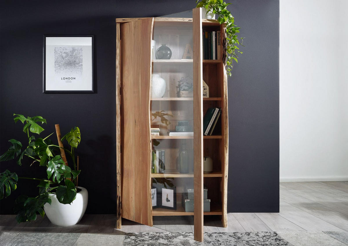 VITRINE Akazie 105x45x204 natur lackiert PURE ACACIA #711 - Braun, Holz (105/204/45cm) - Massivmoebel24