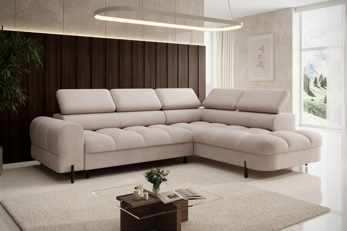 ECKSOFA BOWL L Rechts mit Schlaffunktion 125x195 Velours Creme - Creme/Schwarz, Holz/Textil (195/260cm) - Muffo