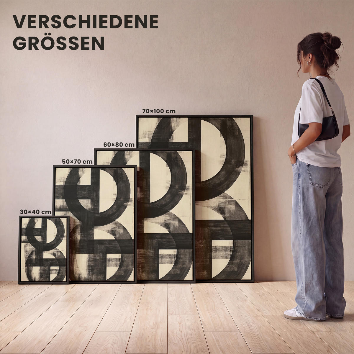 LEINWAND Bilder mit Rahmen - Kreise - Balken - Schwarz - Abstrakt - 30x40 - Schwarz, Textil (30/40cm) - MuchoWow