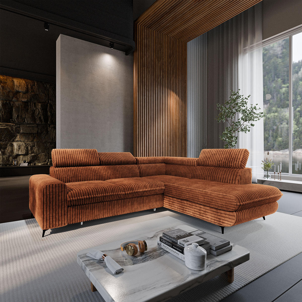 ECKSOFA VELISS Braun Kordstoff mit Schlaffunktion - Braun, Holz (255/193cm) - MASSENO