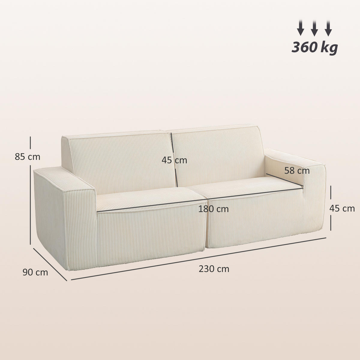 SOFA, 3-Sitzer, Cord, 230cm, modern, beige, keine Montage - Multicolor, Holzwerkstoff (230/85/90cm) - FORIOUS