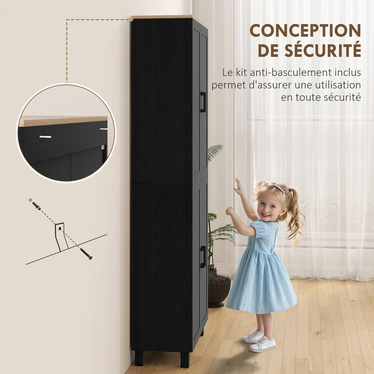 HIGHBOARD DE-11291 4 Türen & verstellbare Böden Schwarz - Schwarz, Holzwerkstoff (30/170.5/60cm) - ComfortXL