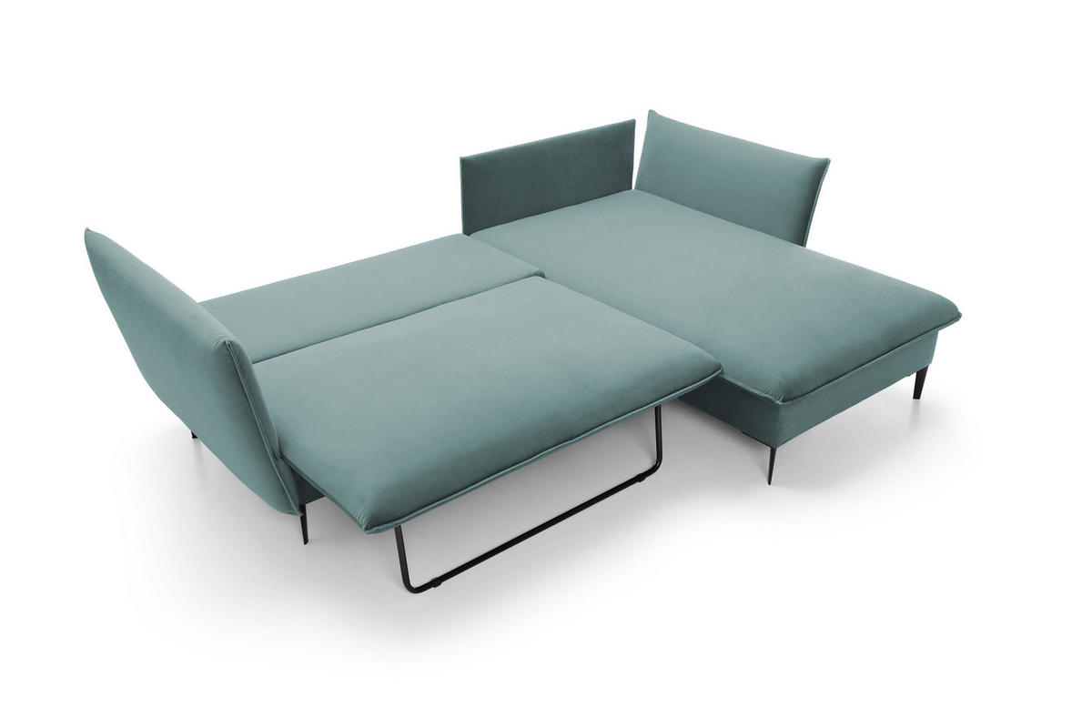 ECKSOFA GLOSS mit Schlaffunktion, Ottomane & goldenen Füßen – Samtsofa im GLOSSour-Stil mit Zierkissen, 258x167x91 cm, Rechte, BLAU - Hellgrau, Holz/Textil (258/167cm) - DomoHome