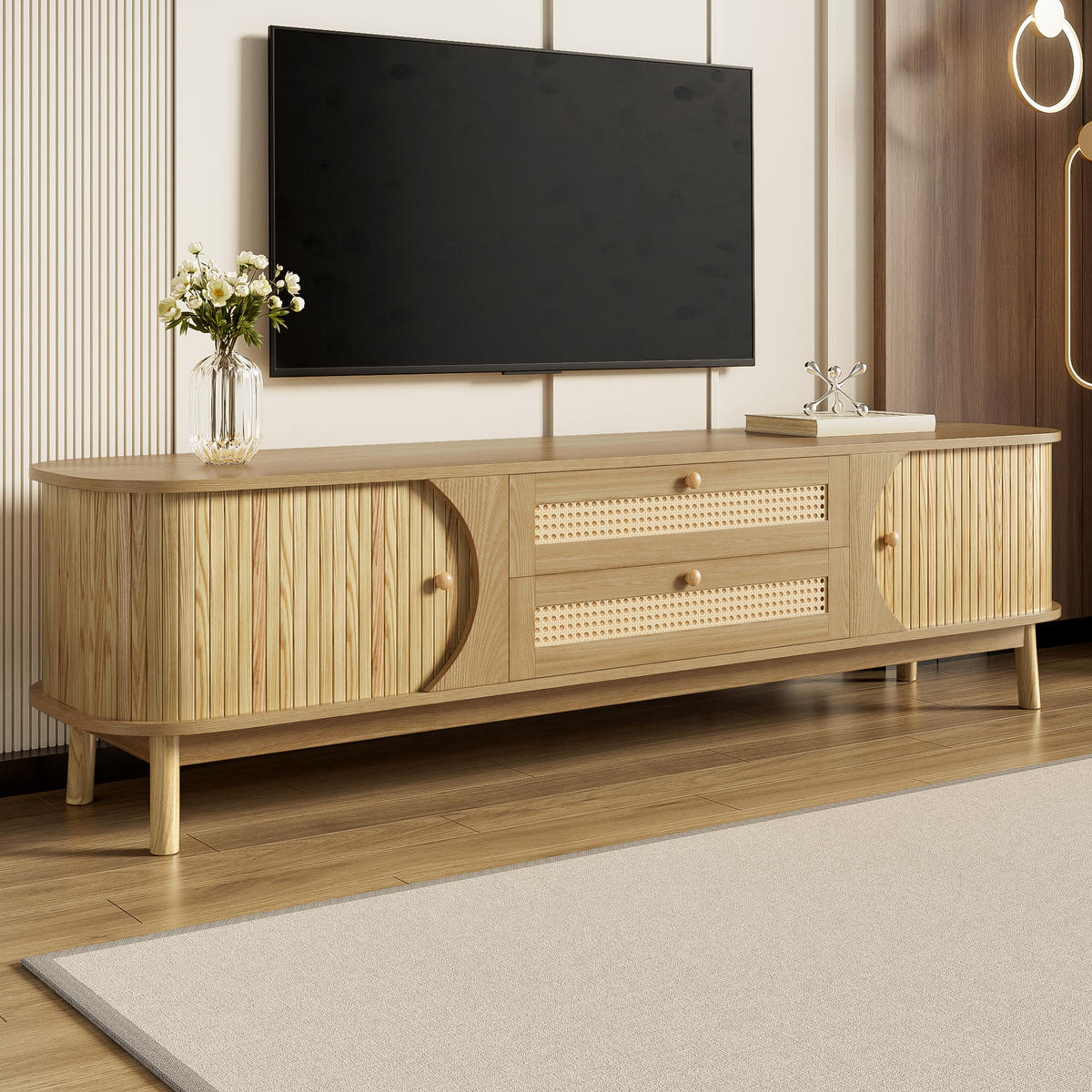 TV-SCHRANK Holz Rattan Türen Schubladen Landhaus modern - Naturfarben, Holzwerkstoff (39.5/46/170cm) - FLIEKS