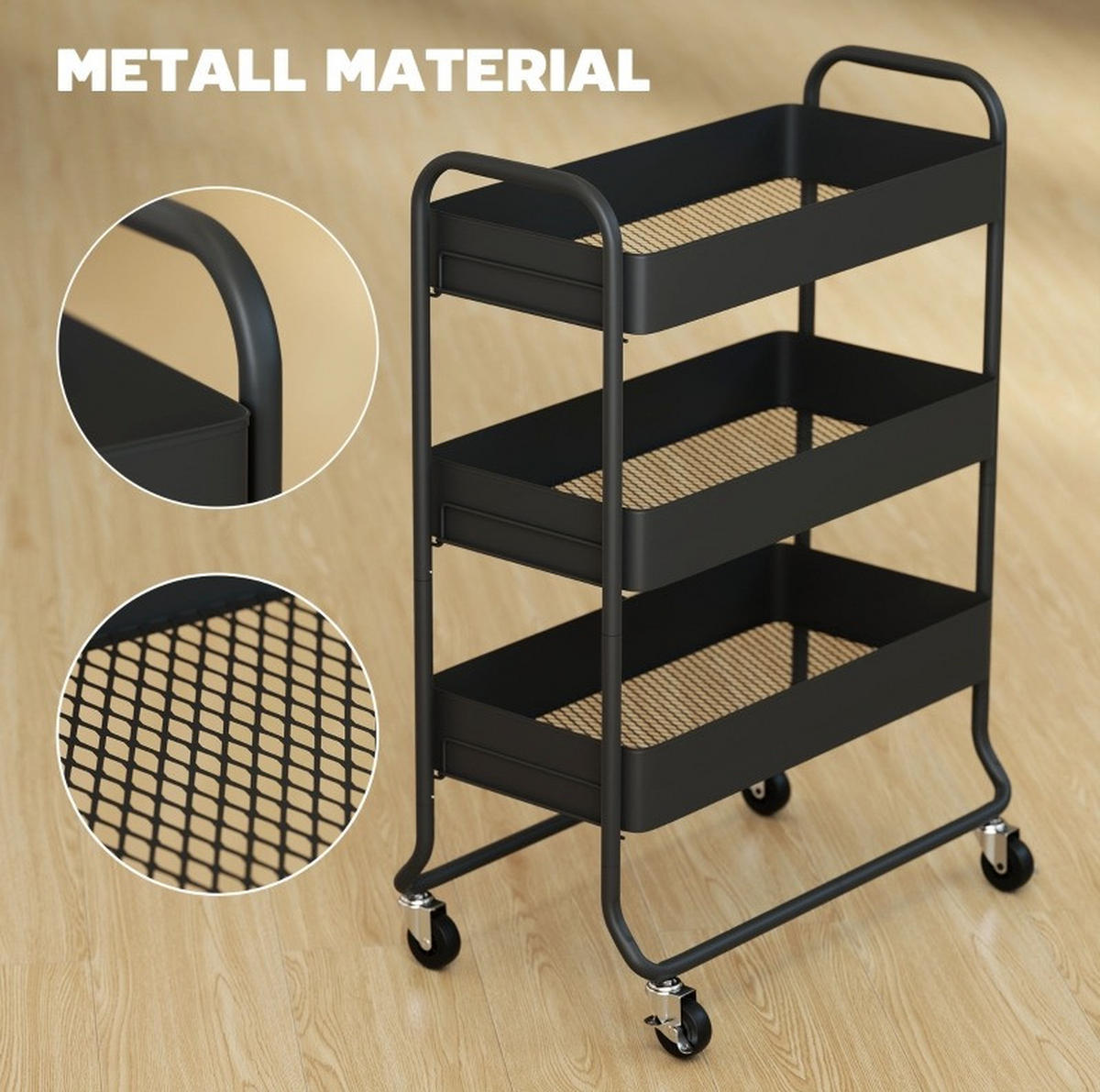 KÜCHENWOLLWAGEN 64.5x34x87cm Schwarz aus Metall mit 3 Körben & Rollen - Schwarz, Metall (34/87/64.5cm) - Modfu