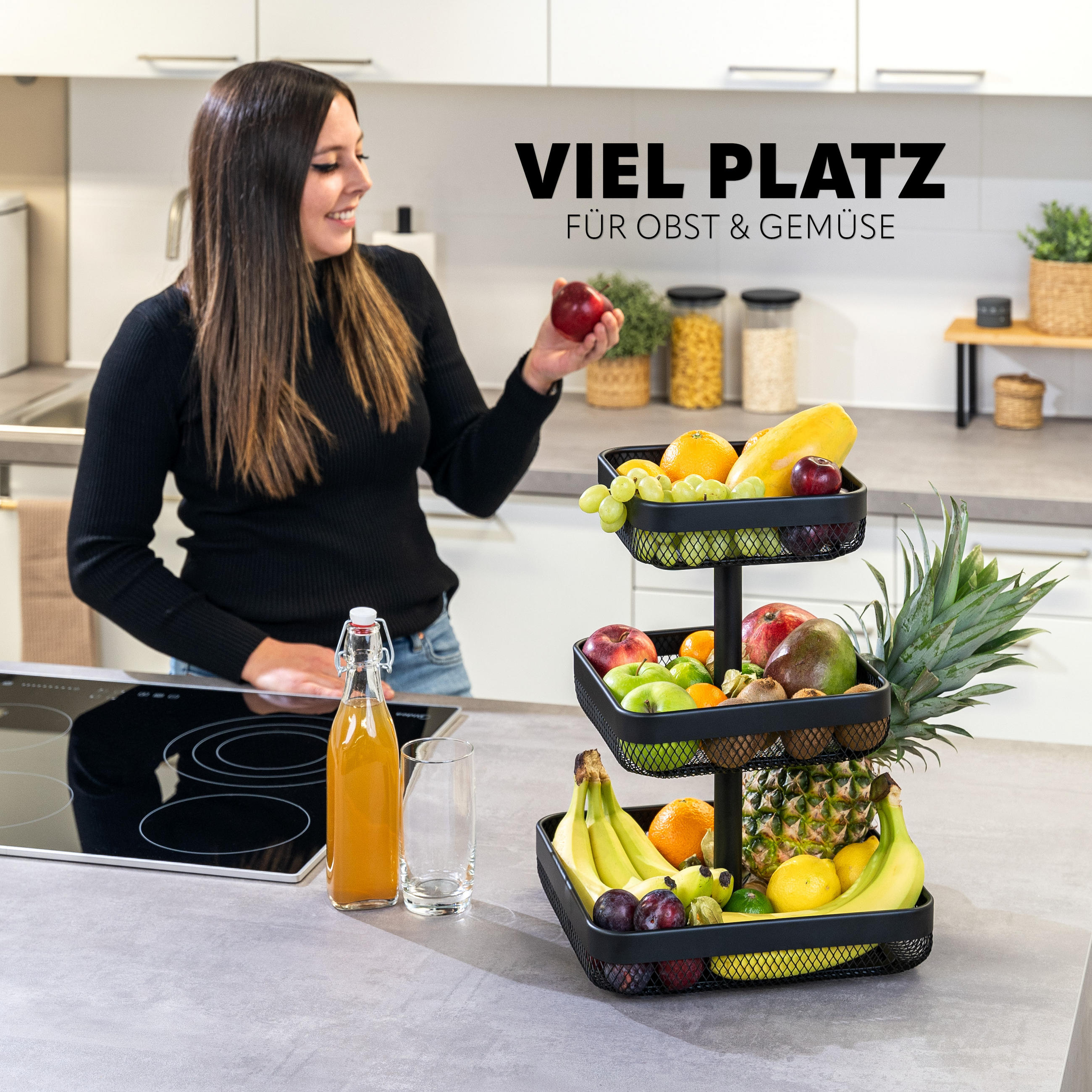 OBSTETAGERE 3-STÖCKIG eckig Metall schwarz - Schwarz, Metall (30/42cm) - eluno