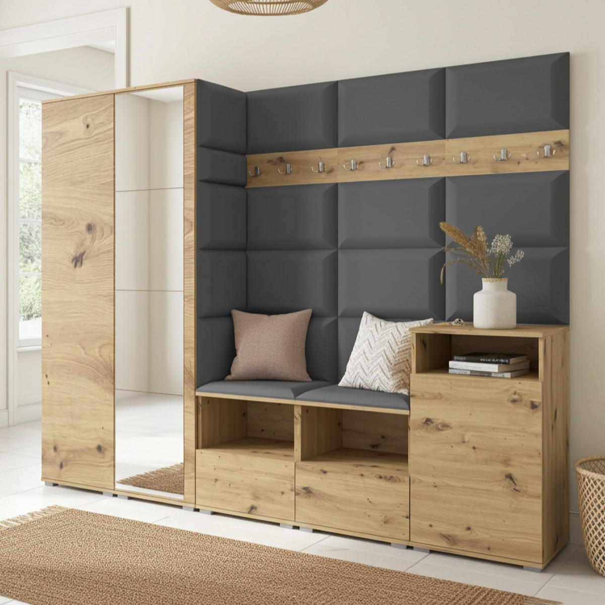 GARDEROBE NELA VIII 250 cm (Modulare Flurmöbel Artisan Eiche mit Spiegel & Sitzpolster Dunkelgrau 15 Set XL) - Dunkelgrau/Silberfarben, Holz/Holzwerkstoff (250/187/40cm) - Ravio