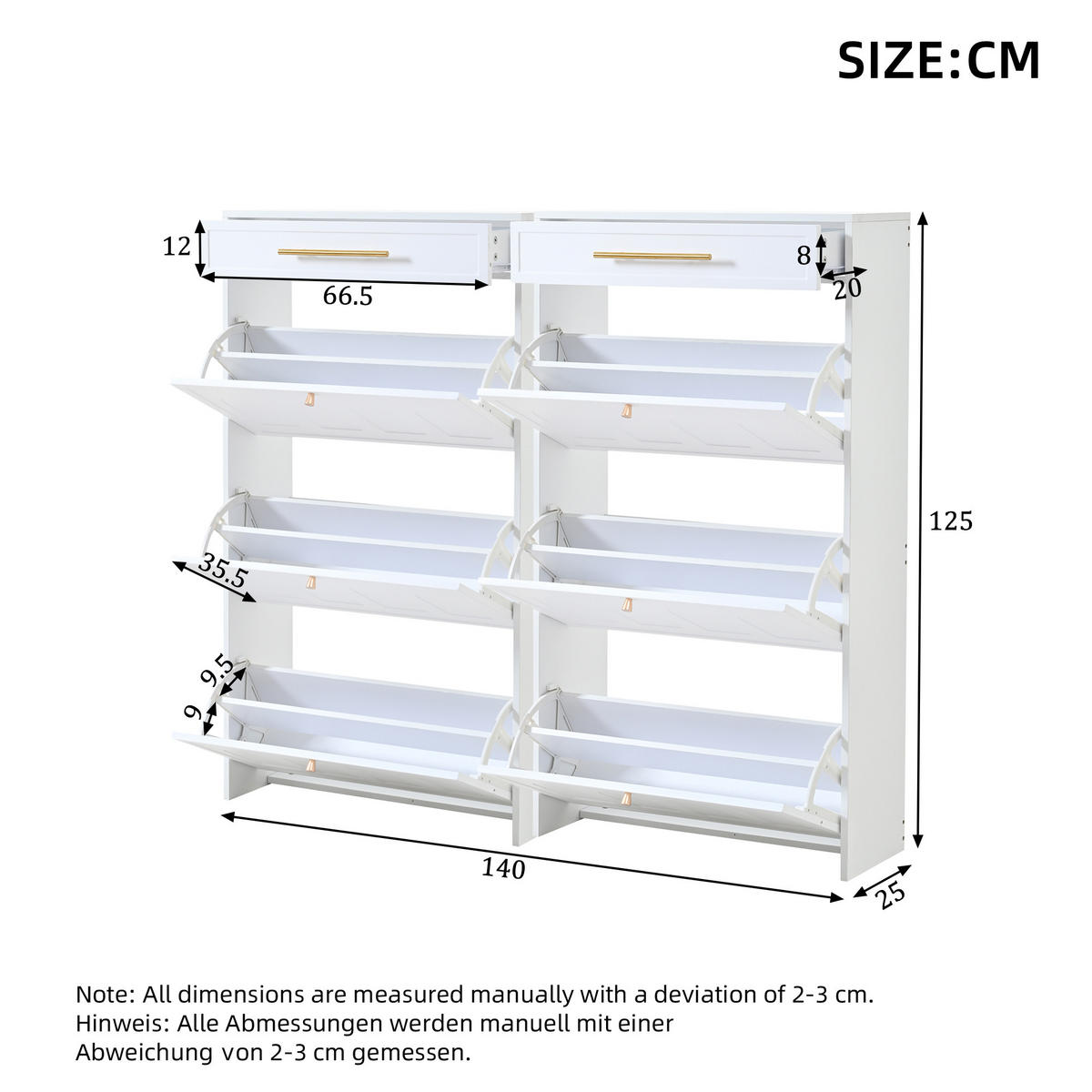 SCHUHSCHRANK aus MDF 140x25x123,5cm in Weiß mit 12 Fächern & 2 Schubladen - Weiß, Holzwerkstoff (140/123.5/25cm) - Modfu