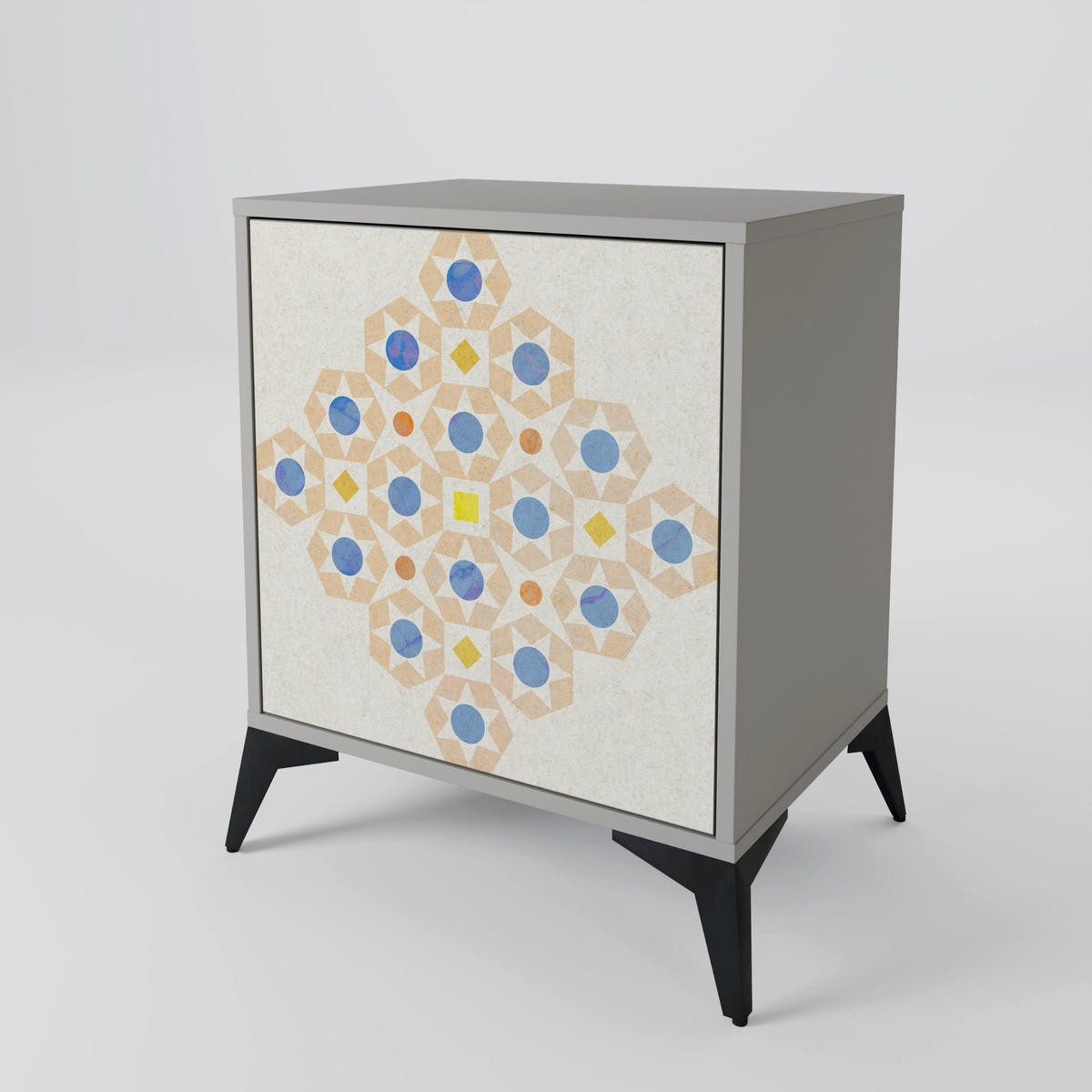 SIDEBOARD PATTERNED PRISM, Grau, 57,5x42x72,5 cm, Schwarze Metallfüße - Multicolor/Schwarz, Holzwerkstoff/Metall (57.5/72.5/42cm) - SpaceRebels