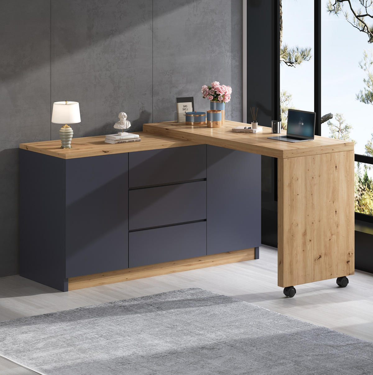 SCHREIBTISCH drehbar klappbar 120 x 50 cm Grau Eicheoptik mit Stauraum - Grau, Holz (120/50/76.5cm) - Meubliv