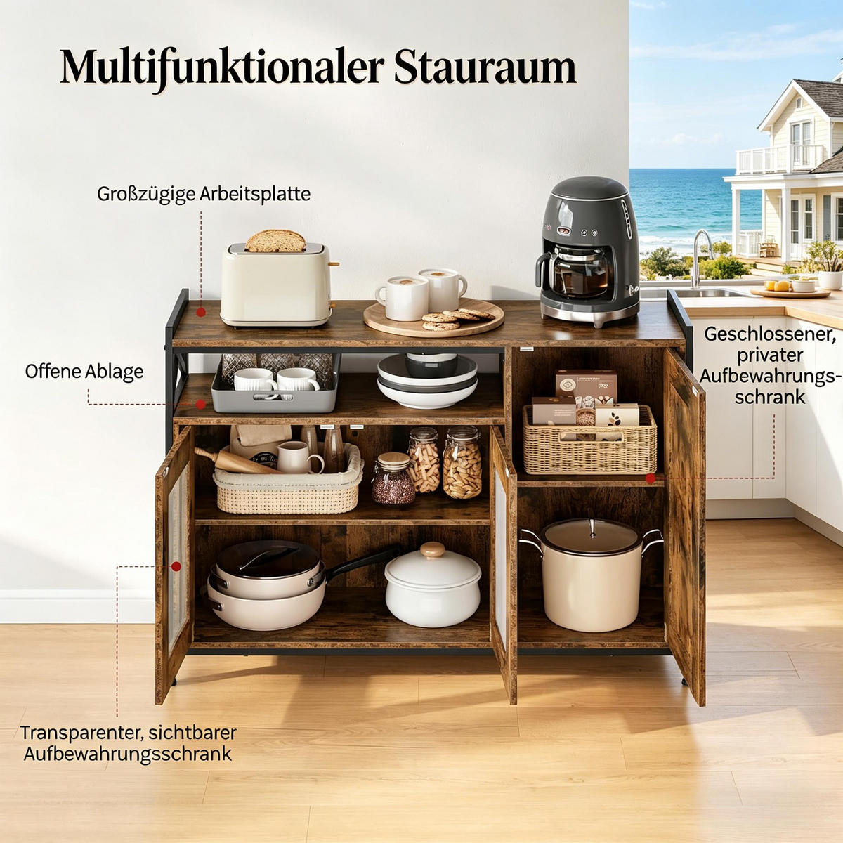 SIDEBOARD DE-38809 110/33/75 cm, offenes Fach und 2 Türen Rustikal Braun - Dunkelbraun, Holzwerkstoff (110/75/33cm) - ComfortXL