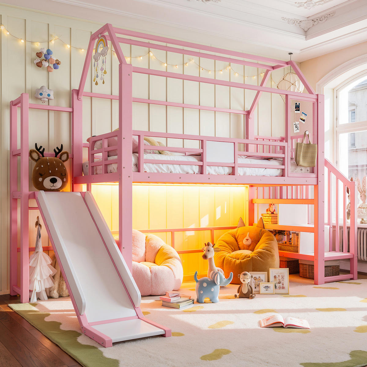 KINDERHOCHBETT MDF & Metall 90x200 cm Pink mit Rutsche, Treppe und LED-Beleuchtung im Hausdesign - Pink, Holzwerkstoff (90/200cm) - Modfu
