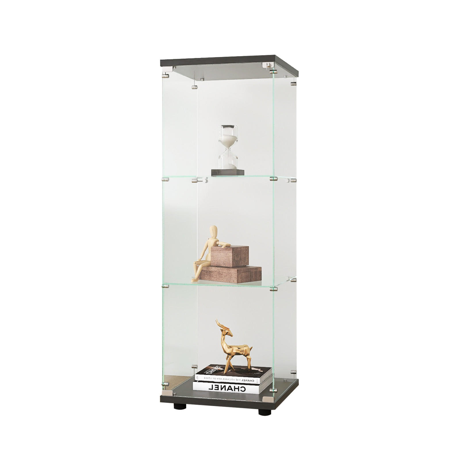 VITRINE Glas, 3 Etagen mit Tür und Schloss, 5 mm gehärtetes Glas, Weiß - Schwarz, Glas (36.5/125/42.5cm)
