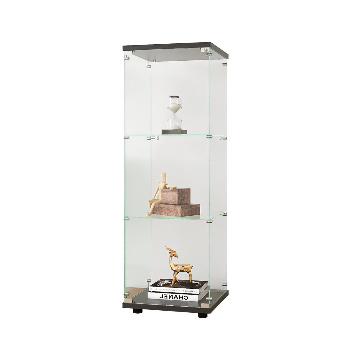 VITRINE Glas, 3 Etagen mit Tür und Schloss, 5 mm gehärtetes Glas, Weiß - Schwarz, Glas (36.5/125/42.5cm)