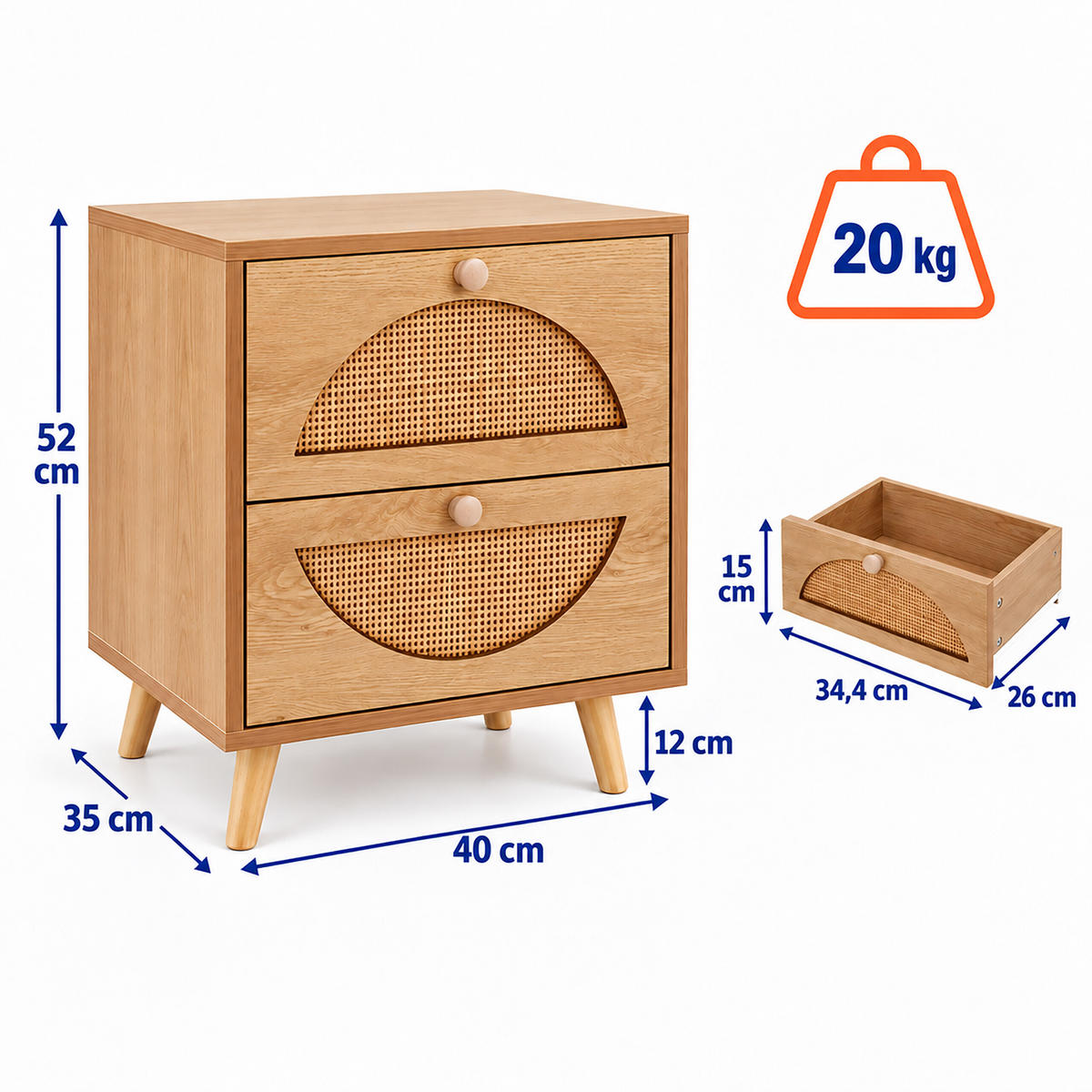 NACHTTISCH Natur Rattan 2 Schubladen - Hellbraun, Holz/Holzwerkstoff (40/52/35cm) - Relaxdays