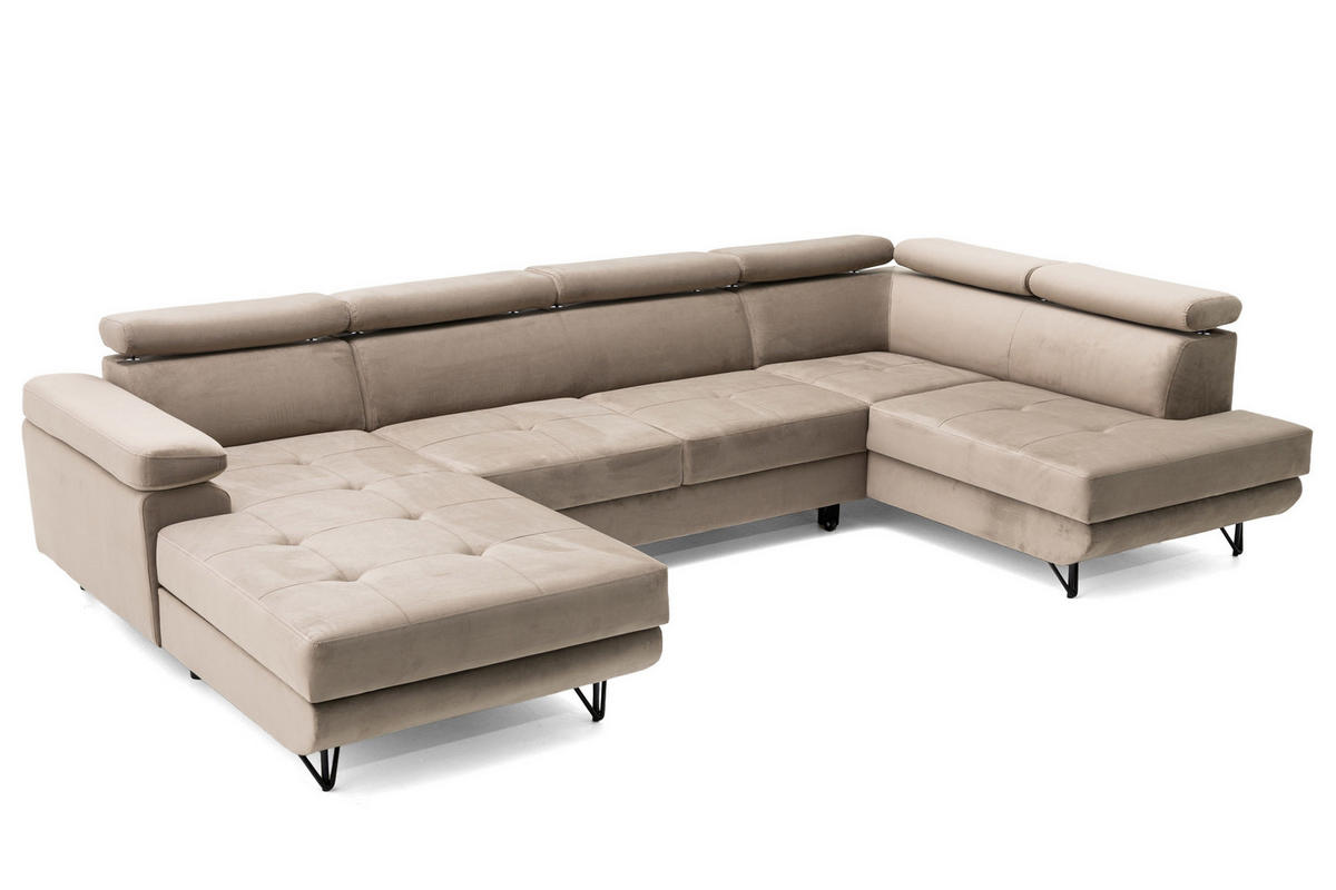 ECKSOFA U-Form JUNIOR U Rechts mit Schlaffunktion 128x254 Velours Beige - Beige/Schwarz, Holz/Textil (184/90/323cm) - Muffo