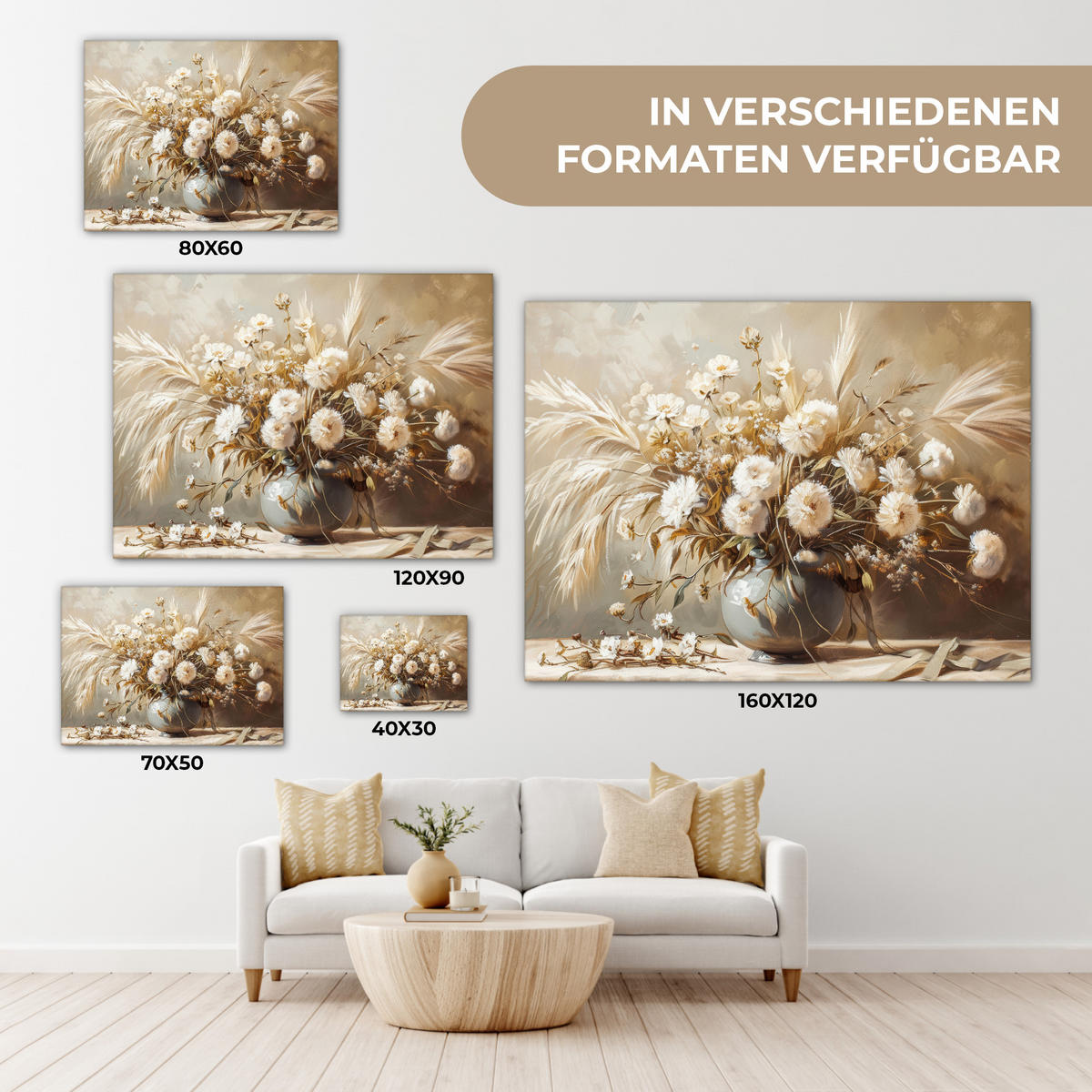 LEINWANDBILD Blumen - Vase - Stilleben - Beige 40x30 cm - Creme, Textil (40/30cm) - MuchoWow