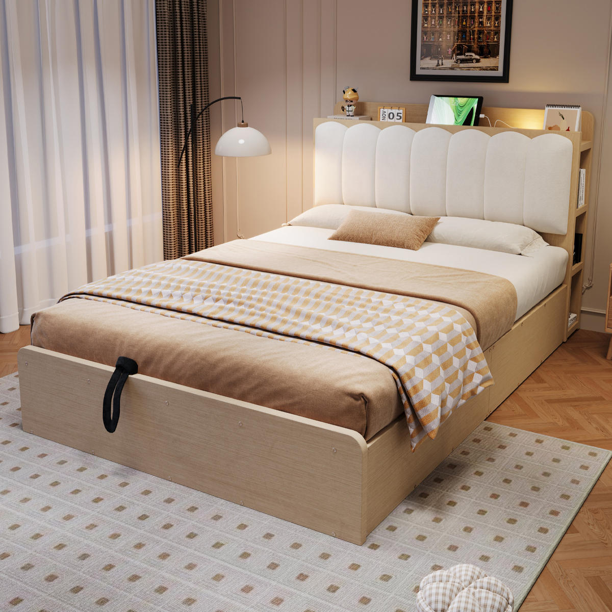 BETT 140/200 cm aus Holz mit Stauraum, USB-Anschluss, Naturholz - Naturfarben, Holz (140/200cm) - OKMYHOME