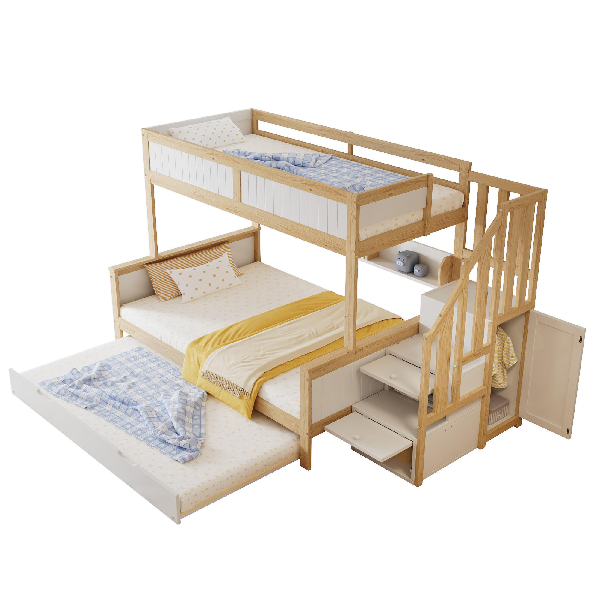 ETAGENBETT 90/200 cm & 120/200 cm mit Rollbett, Ecktreppe, Kleiderschrank und Fallschutz, Kiefer/MDF, Weiß/Natur - Weiß, Holzwerkstoff (90/200cm) - Redom
