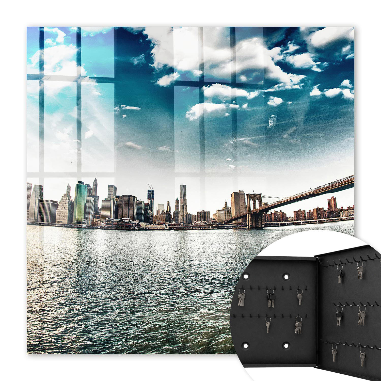 SCHLÜSSELBOX Schwarz 30x30 cm- Türöffnung nach rechts - Stadtpanorama - Blau, Metall (30/30/5cm) - TULUP