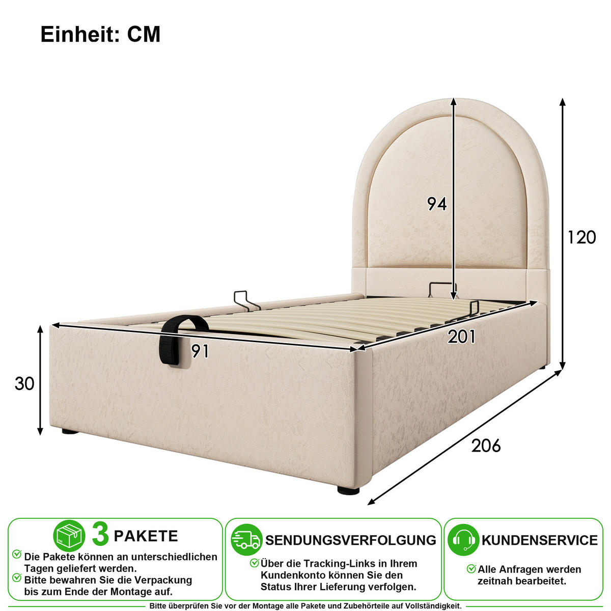 KINDERBETT 90/200 cm in Beige PU mit Bettkasten und Matratze - Beige, Holzwerkstoff/Textil (90/200cm) - CHICFURN