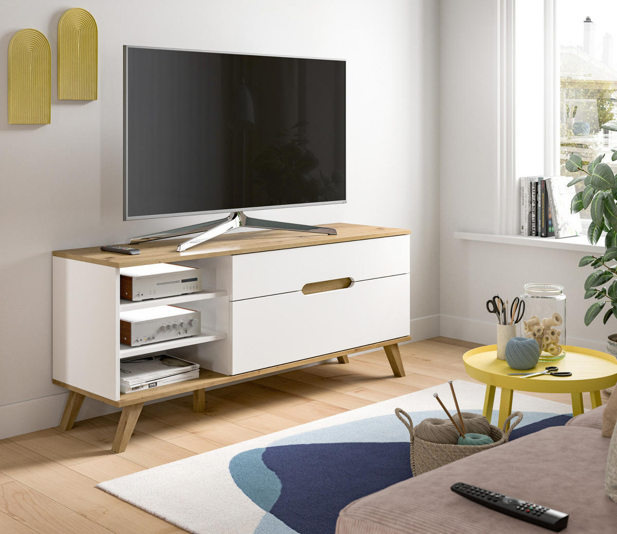 TV-LOWBOARD weiß, Eiche 140 cm, TV-Unterteil mit Soft-Close-Funktion - Eichefarben/Weiß, Holzwerkstoff/Metall (140/60/40cm) - Inn.Furn