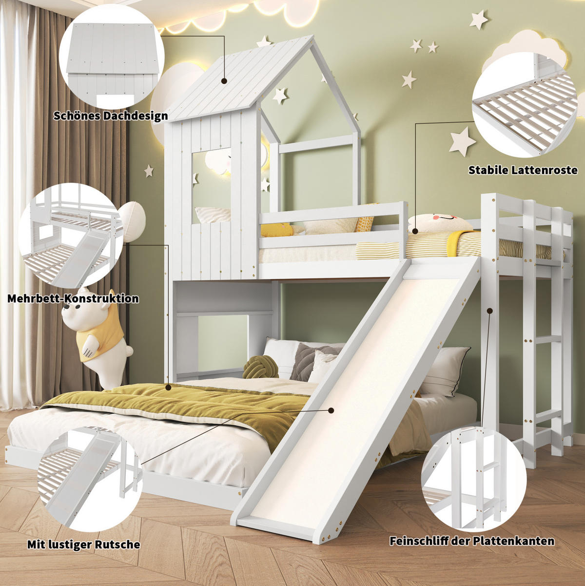 ETAGENBETT 90/200 & 140/200 cm mit Rutsche, Hausdesign und Leiter - Weiß, Holzwerkstoff (90/200cm) - OKMYHOME