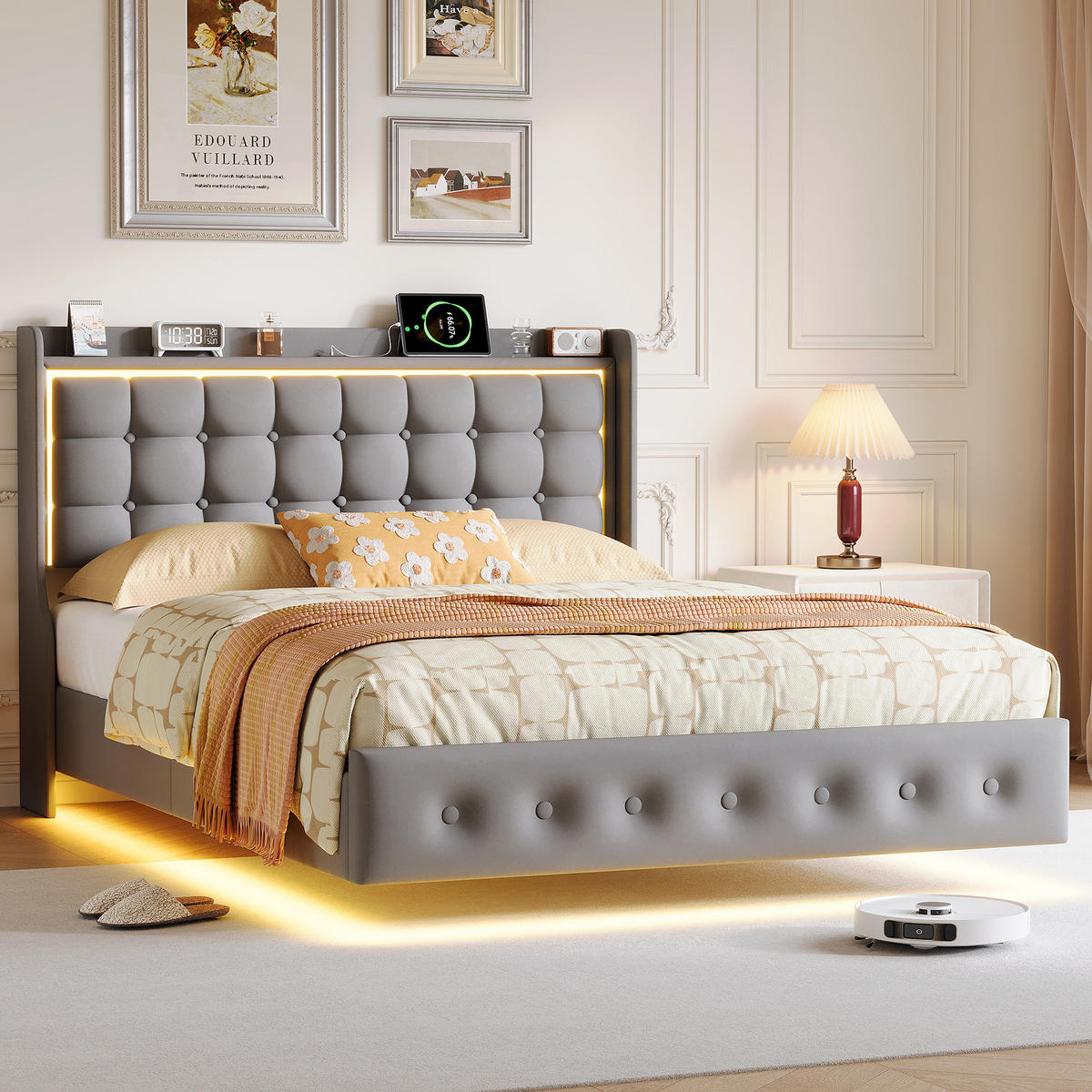 POLSTERBETT 160x200 cm mit LED und USB, Doppelbett mit Lattenrost und Kopfteil, Samtbezug, Grau - Grau, Holzwerkstoff/Textil (160/200cm) - GENKI LIVING