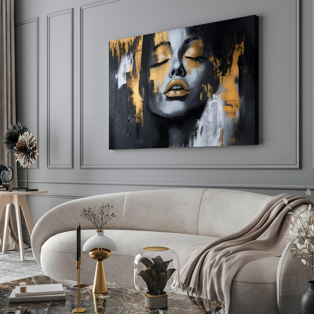 LEINWANDBILD abstraktes Porträt Frauengesichts 100x70 - Beige/Schwarz, Textil (100/70cm) - Muralo