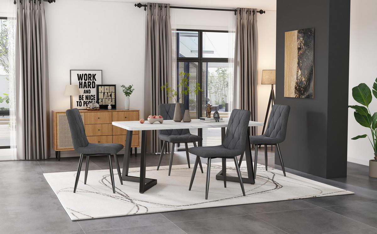 ESSZIMMER-SET mit Marmoroptik-Tisch und vier schwarzen Samtstühlen als moderner Küchentisch, weiß-grau - Grau, Holzwerkstoff (68/75/117cm) - Luhomfu