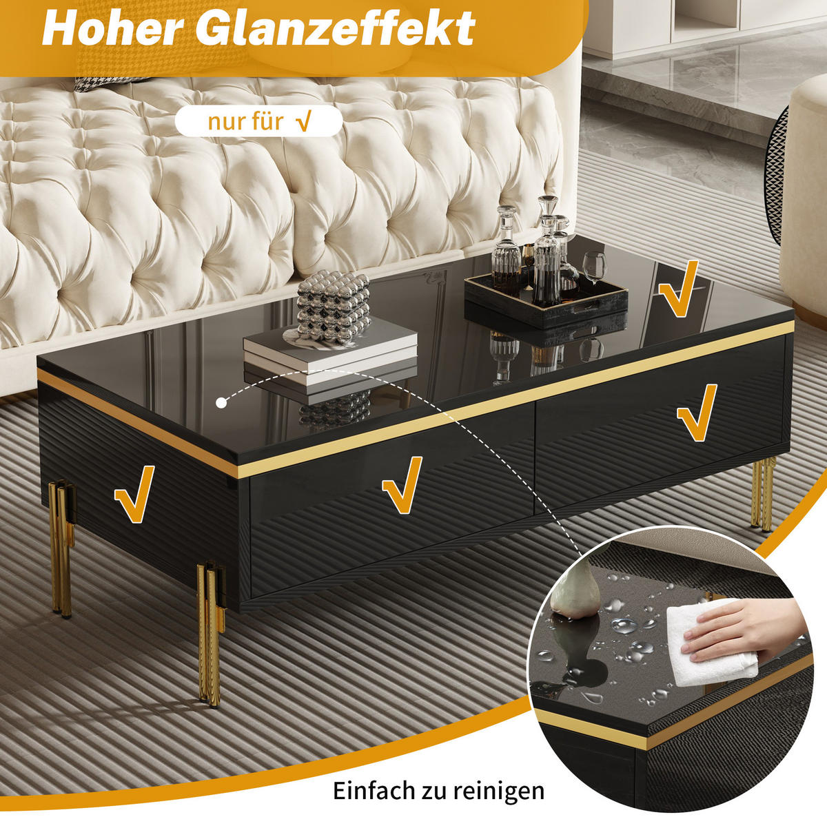 TV-MÖBEL- und Couchtisch-Set 170x38x50 cm aus Spanplatte Schwarz mit Stauraum und goldfarbenen Metallbeinen - Schwarz, Holzwerkstoff (170/50/38cm) - IVMEU
