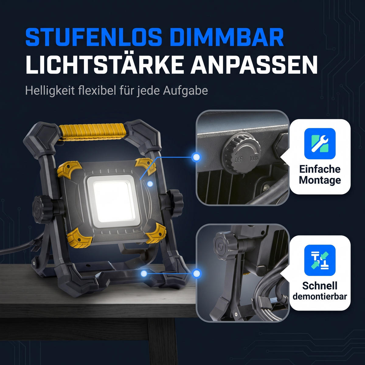 LED-BAUSTRAHLER - stufenlos dimmbar mit 5000K Lichtfarbe und 3m Kabel für Innen- und Außeneinsatz, 2er-Set - Weiß, Metall (10.5/27.5/32cm) - Northpoint