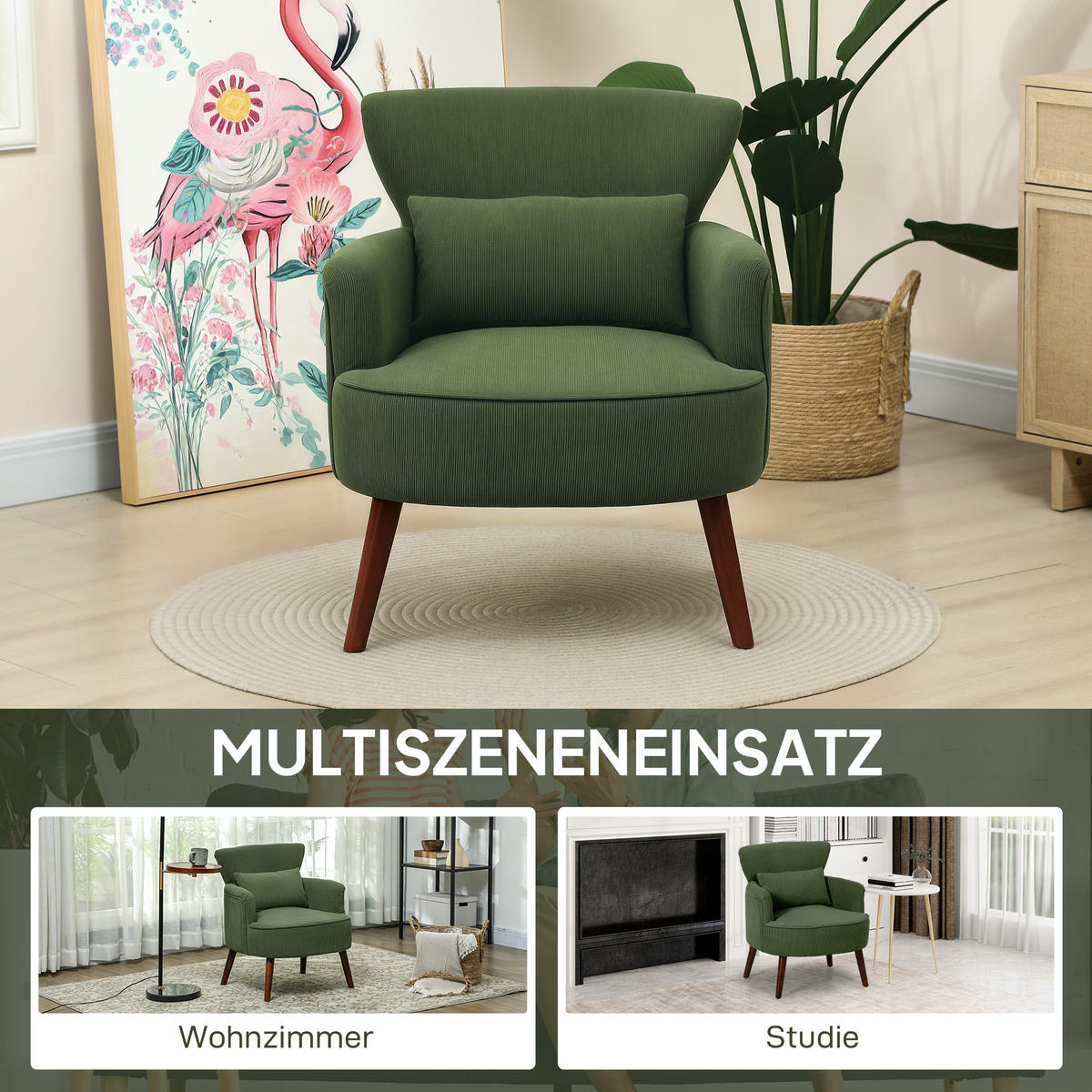 SESSEL Loungesessel mit Armlehnen, Relaxsessel mit Kissen Cordoptik Grün - Braun/Grün, Textil (69/78/69.5cm) - HOMCOM