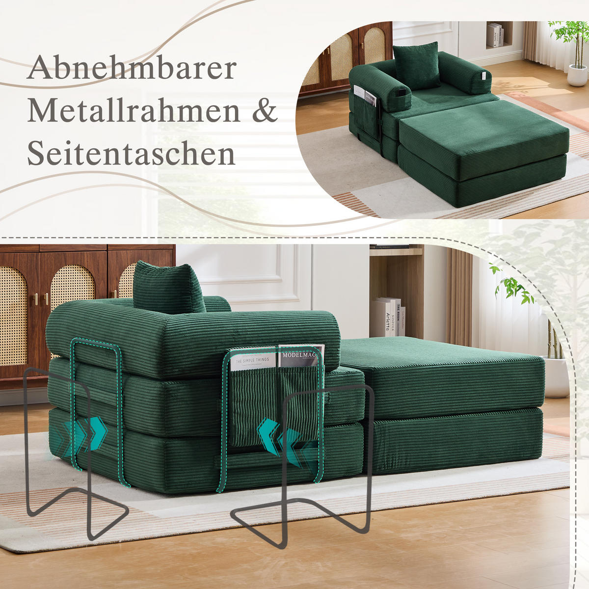 SOFA Cord Smaragdgrün mit Hocker und Kissen - Smaragdgrün, Textil/Metall (112/67/190cm) - WISHDOR