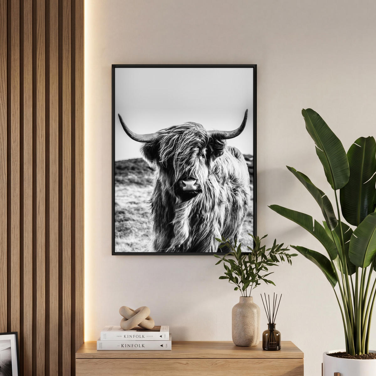 LEINWAND Bilder mit Rahmen - Kuh - Schottischer Hochländer - Schwarz - Weiß - Tier - Natur - Wildtiere - 50x70 - Schwarz, Textil (50/70cm) - MuchoWow