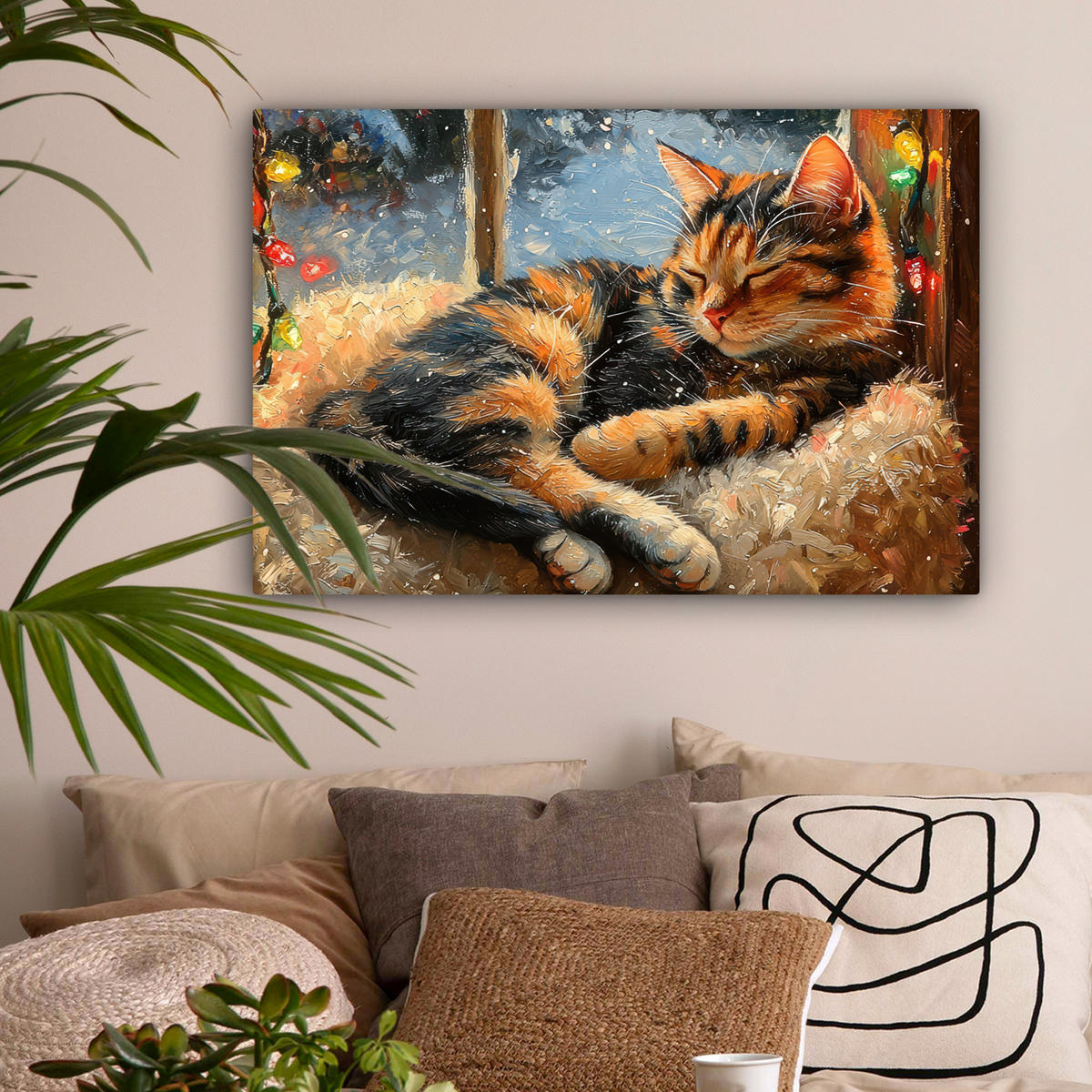 LEINWANDBILD Katze - Weihnachten - Winter - Tier Gemälde 60x40 cm - Bernsteinfarben, Textil (60/40cm) - MuchoWow