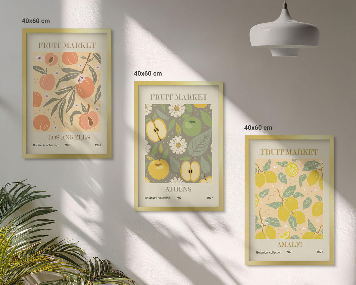 WANDBILDER 3er Set - 40x60 cm Goldrahmen - Retro-Poster mit Fruchtmustern - Goldfarben, Kunststoff (40/60cm) - ArtPrintCave