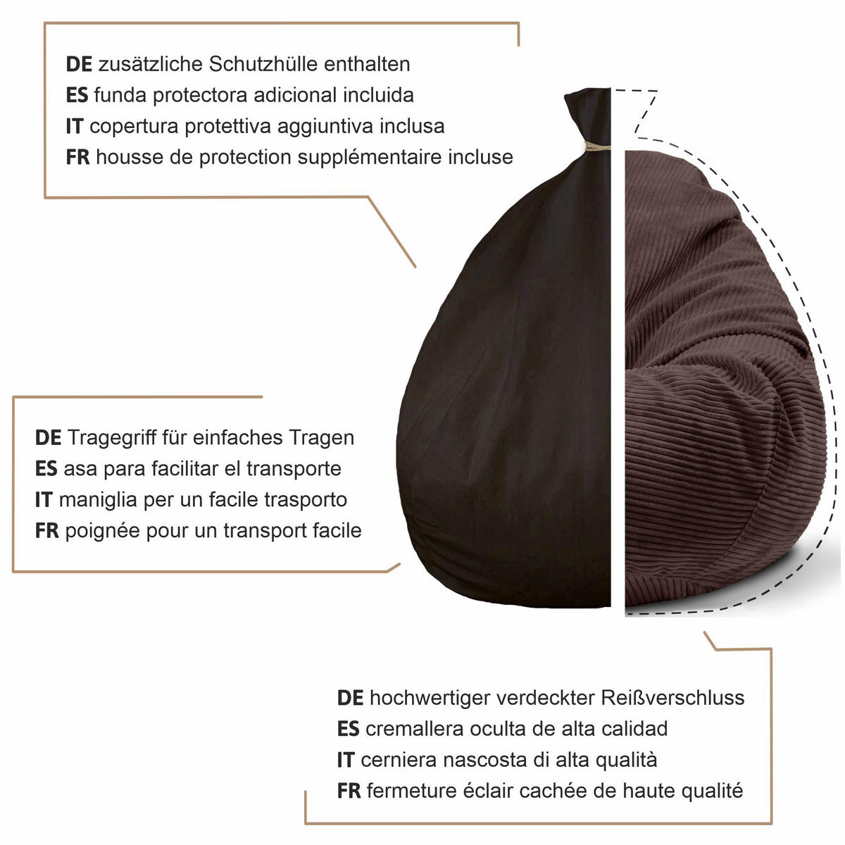 SITZSACK PARADISE MIT FUßSTÜTZE Kordsamt 2-tlg Dark Chocolate M - Dunkelbraun/Braun, Textil (90/100/90cm) - Dreamroots