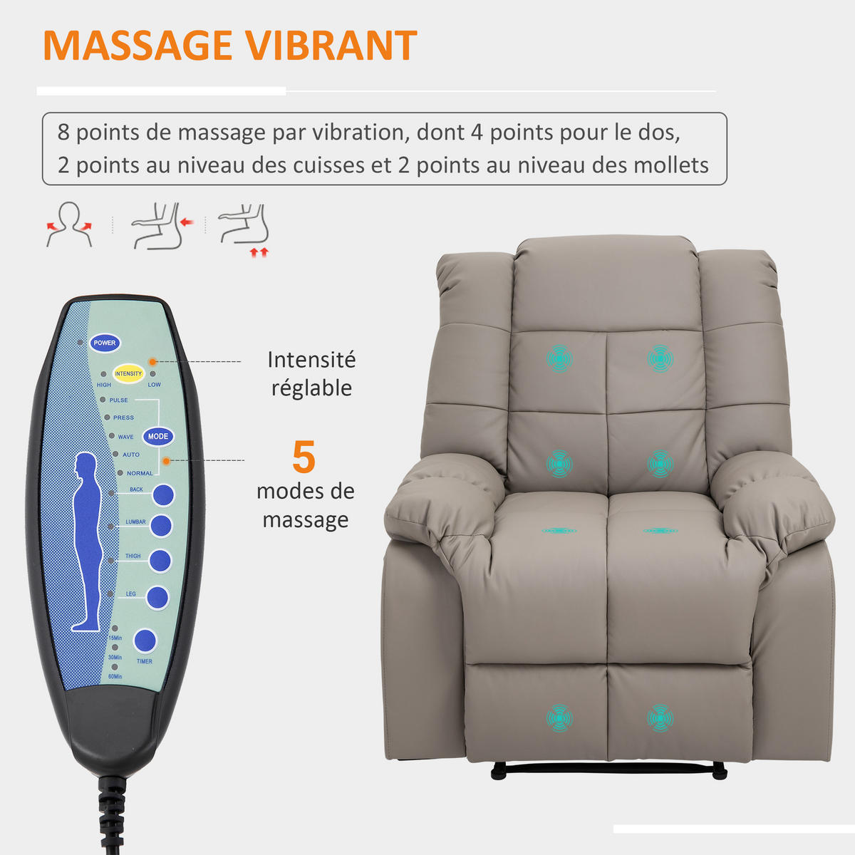MASSAGESESSEL DE-15341 8 Vibrationpunkte mit Fernbedienung Grau - Grau, Leder (99/99/94cm) - ComfortXL
