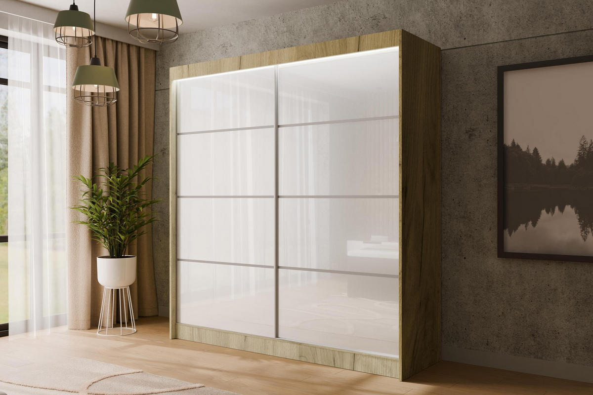 KLEIDERSCHRANK PEKA III mit LED - 200 cm - Braun|Weiß - Braun/Weiß, Holzwerkstoff (200/215/61cm) - ALTDECOR