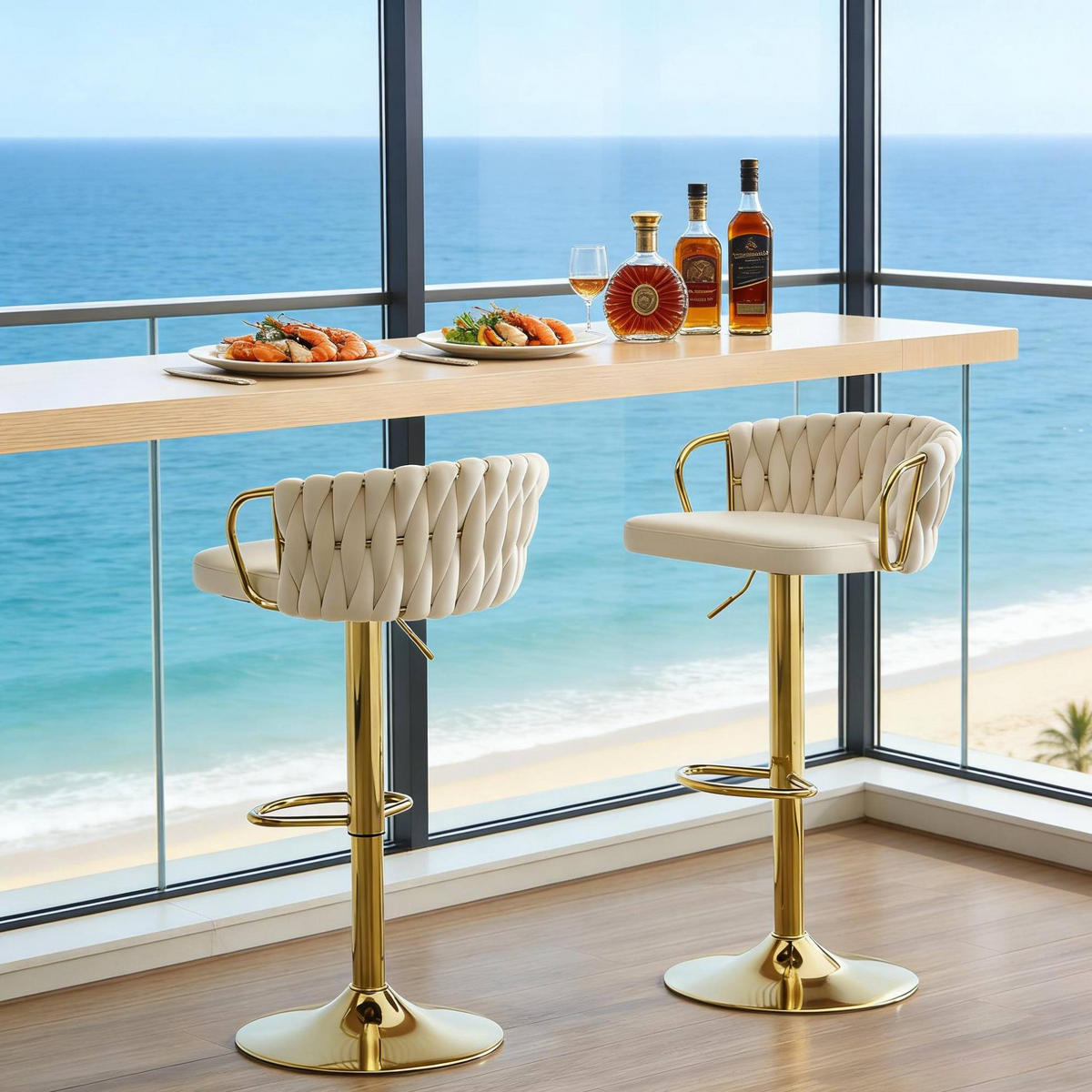 BARHOCKER 2er-Set Creme Weiß höhenverstellbar und 360° drehbar - Creme, Metall (49.5/98/50.5cm) - MIVRAY