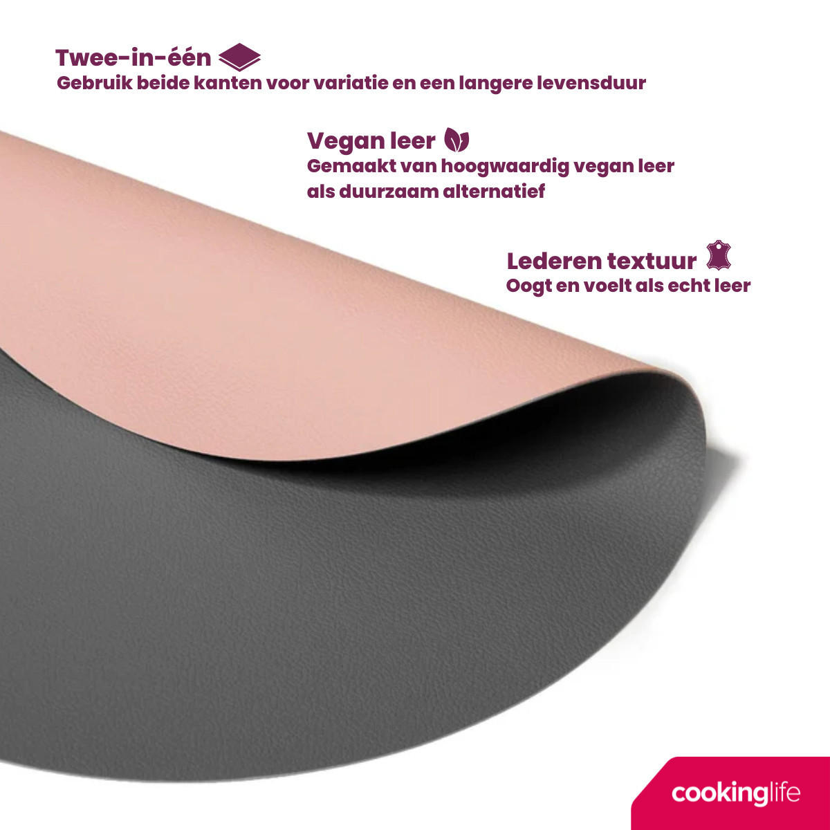 COOKINGLIFE Tischsets - Doppelseitig - Veganes Leder - Grau / Rosa ø 38 cm - 6 Stück - Pink, Kunststoff (38cm) - Cookinglife